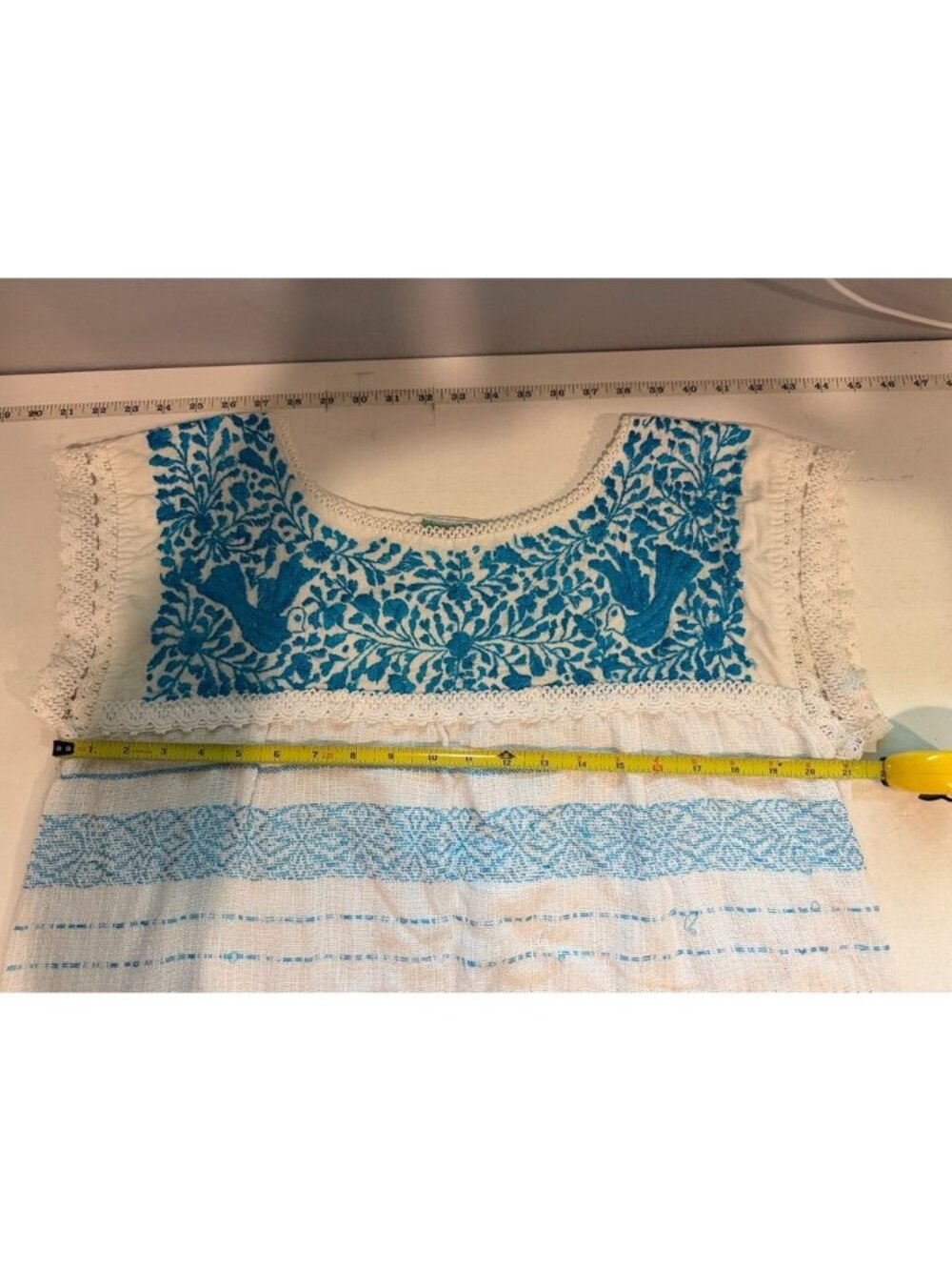 Nativa Womens Top Sz L White Turquoise Embroidered Boho Peasant Handmade Oaxacan - Picture 6 of 11